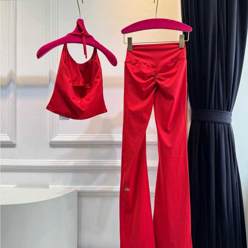 Red Women's Flared Yoga Pants & Halter Crop Top Set - Picture 2 of 2
